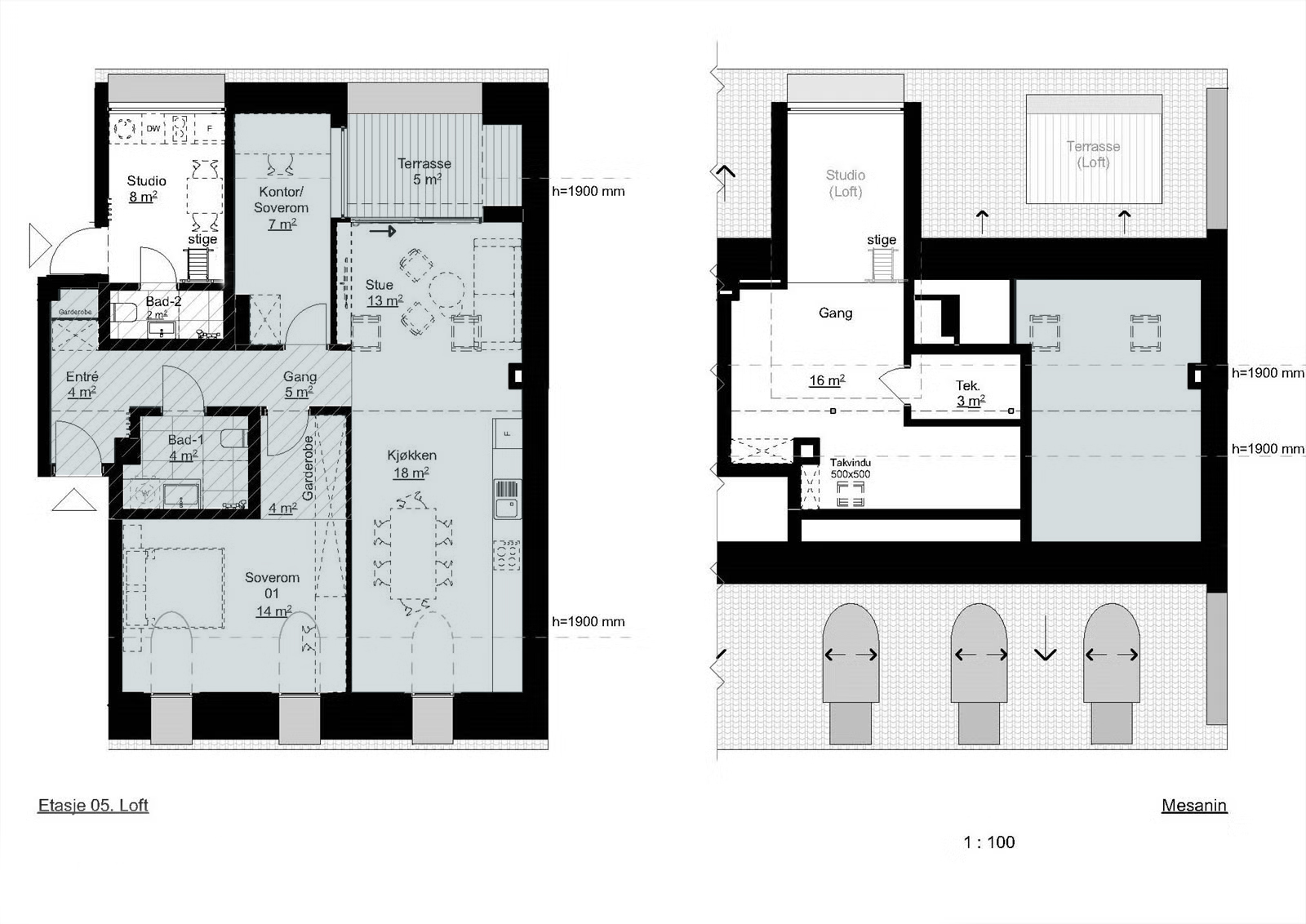 Floor plans of the 86 m² Living Under the Sky attic apartment in Oslo by IK-architects